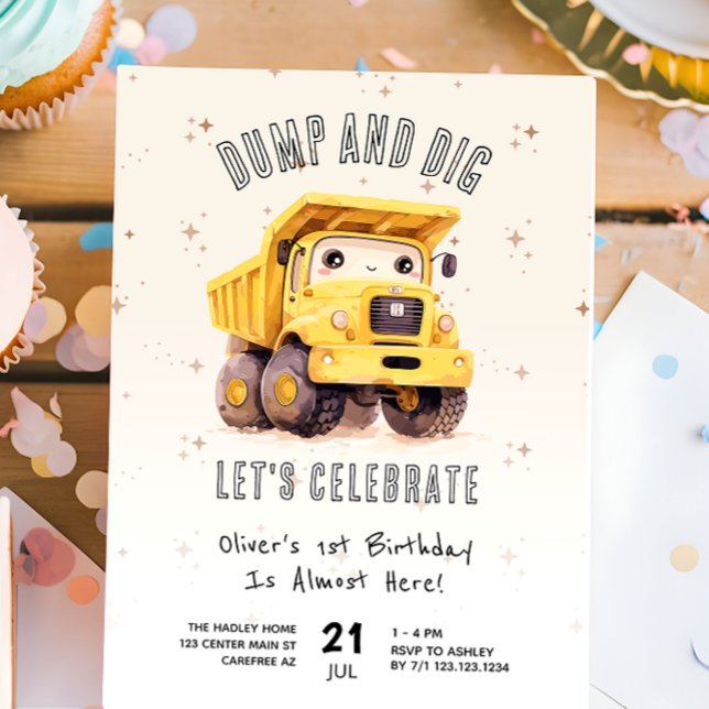 Cute Construction Dump Truck 1st Birthday Invitation (Creator Uploaded)