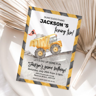 Cute Construction Dump Truck 2nd birthday party Invitation