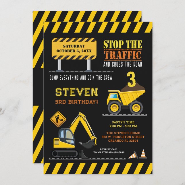 Cute Construction Dump Truck Birthday Boys Party  Invitation (Front/Back)