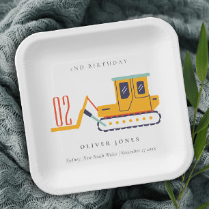 Cute Construction Fork Lift Any Age Birthday Paper Plate