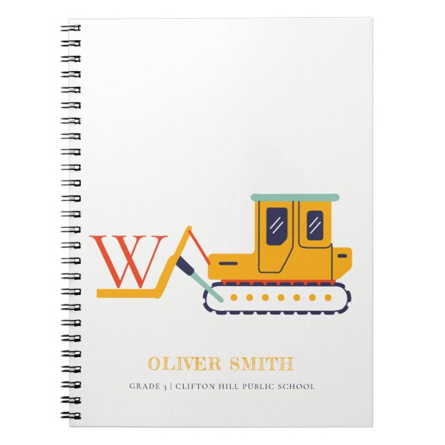 Cute Construction Fork Lift Vehicle Monogram Boys Notebook (Front)