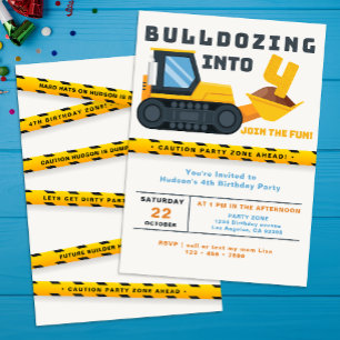 Cute Construction Vehicle 4th Boy Birthday Party Invitation