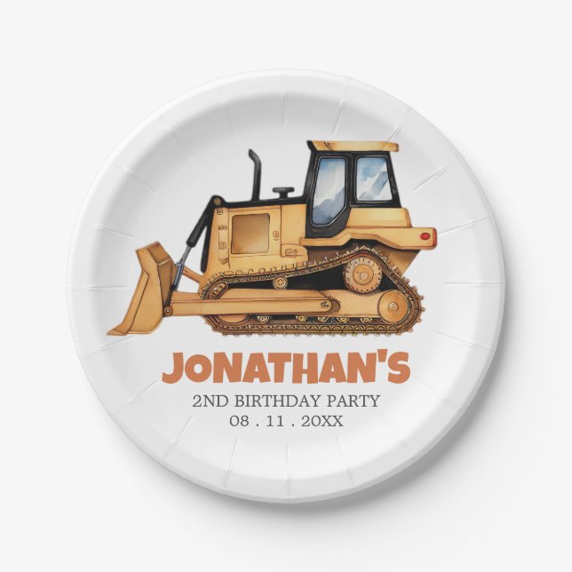 Cute Construction Vehicle Bulldozer Birthday Party Paper Plate (Front)