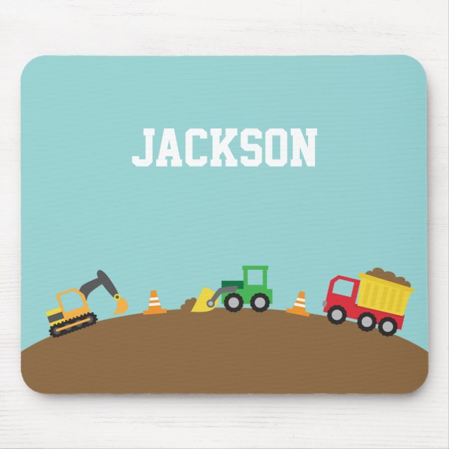 Cute Construction Vehicles Boys Personalised Mouse Pad (Front)