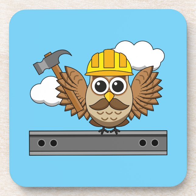 Cute Construction Worker Owl with Hard Hat Cartoon Coaster (Front)