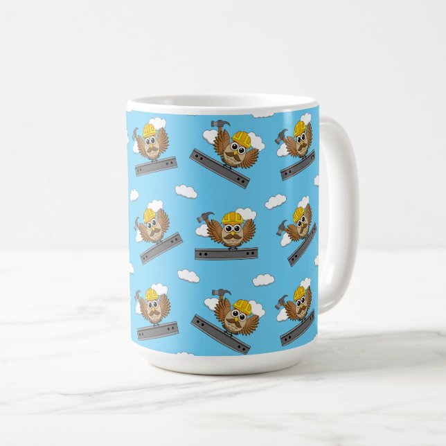 Cute Construction Worker Owl with Hard Hat Cartoon Coffee Mug (Front Right)