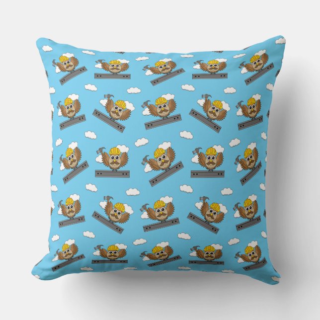 Cute Construction Worker Owl with Hard Hat Cartoon Cushion (Front)