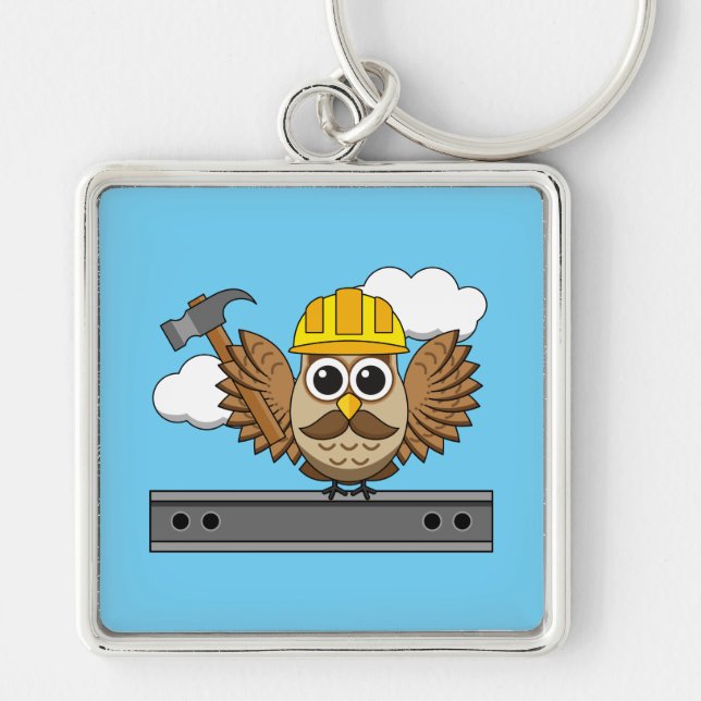Cute Construction Worker Owl with Hard Hat Cartoon Key Ring (Front)