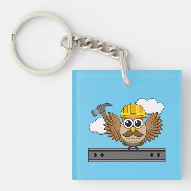 Cute Construction Worker Owl with Hard Hat Cartoon Key Ring (Front)