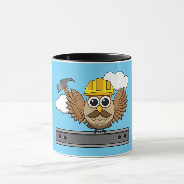 Cute Construction Worker Owl with Hard Hat Cartoon Mug (Center)