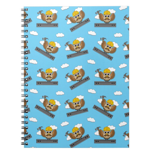 Cute Construction Worker Owl with Hard Hat Cartoon Notebook (Front)