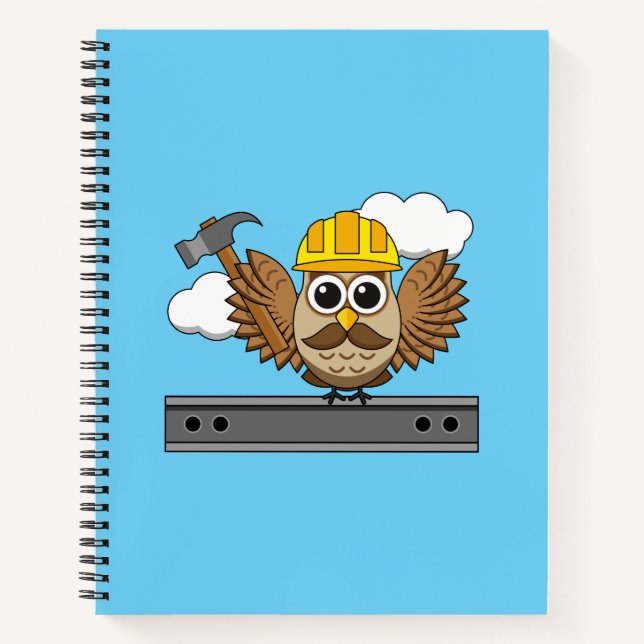 Cute Construction Worker Owl with Hard Hat Cartoon Notebook (Front)