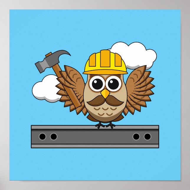 Cute Construction Worker Owl with Hard Hat Cartoon Poster (Front)