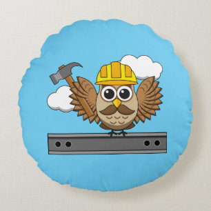 Cute Construction Worker Owl with Hard Hat Cartoon Round Cushion