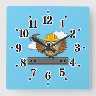 Cute Construction Worker Owl with Hard Hat Cartoon Square Wall Clock