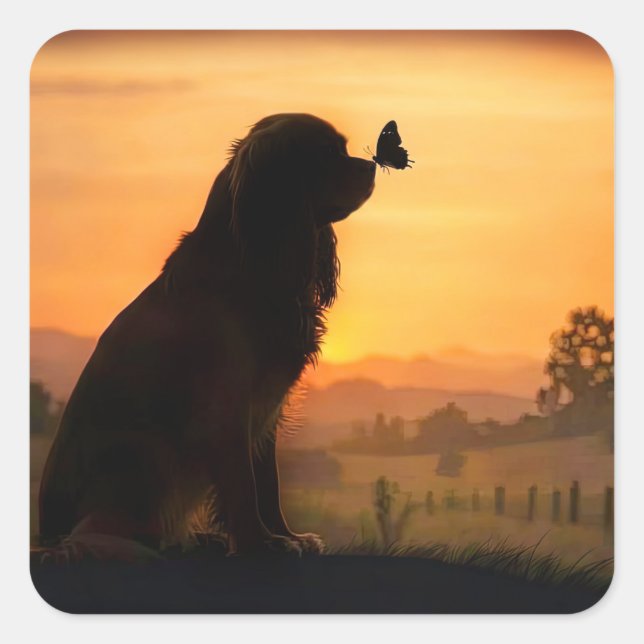Cute Cooker Spaniel in Sunset With Butterfly Square Sticker (Front)