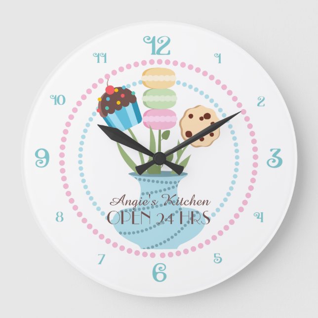 Cute cookie cupcake bouquet personalized kitchen large clock (Front)