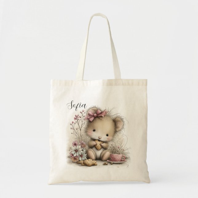 Cute Cookie‑Loving Mouse Illustration Tote Bag (Front)