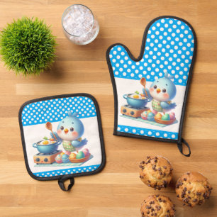 Cute cooking kitchen bird lovers oven mitt & pot holder set