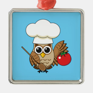 Cute Cooking Owl Cartoon Metal Ornament