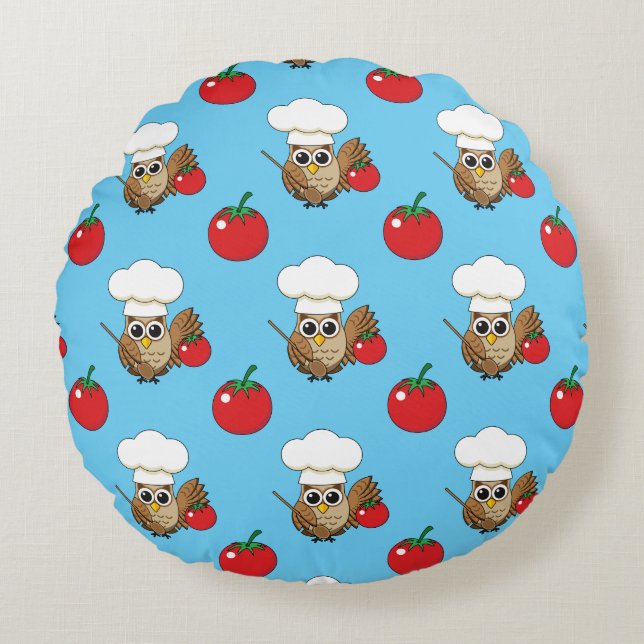 Cute Cooking Owl Cartoon Round Cushion (Front)