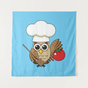 Cute Cooking Owl Cartoon Tapestry