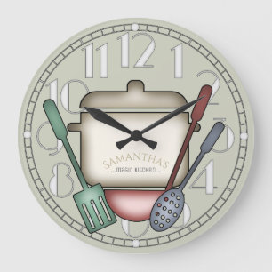 Cute Cooking Pot And Kitchen Utensils Custom Colou Large Clock