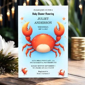Cute Cool Beach Ocean Catch Red Crab Baby Shower Invitation