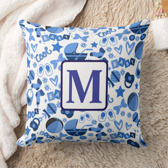 Cute cool blue Baby boy Nursery personalised Cushion (Blanket)