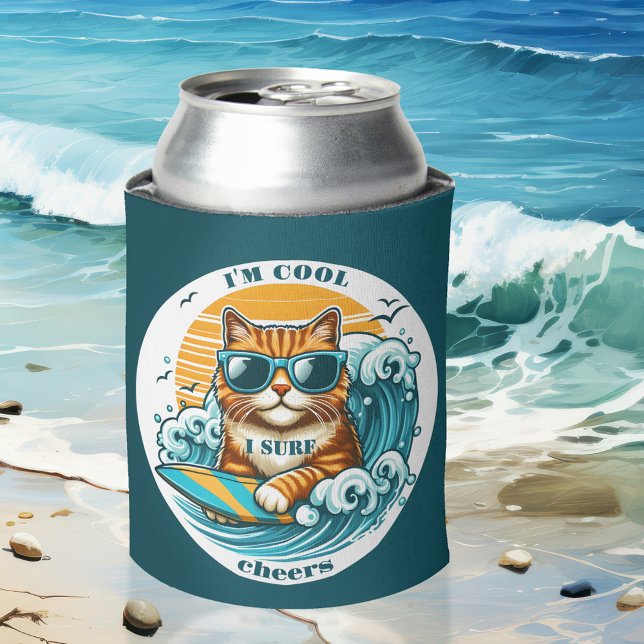 Cute Cool Cartoon Surf Cat Can Cooler (Funny can cooler featuring a cute ginger kitty on a surf board. Perfect for a cat lover or surfer)