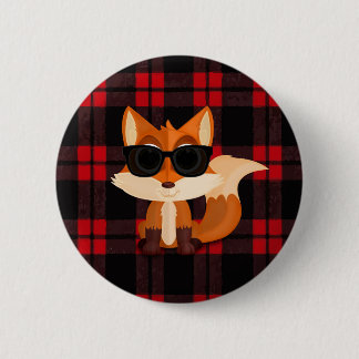 Cute Cool Fox with Sunglasses on Black Red Plaid 6 Cm Round Badge