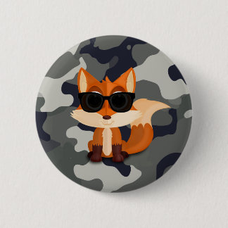 Cute Cool Fox with Sunglasses on Grey Camouflage 6 Cm Round Badge