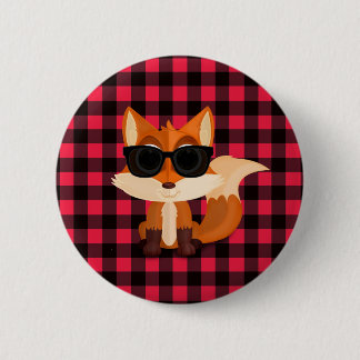 Cute Cool Fox with Sunglasses on Red Gingham 6 Cm Round Badge