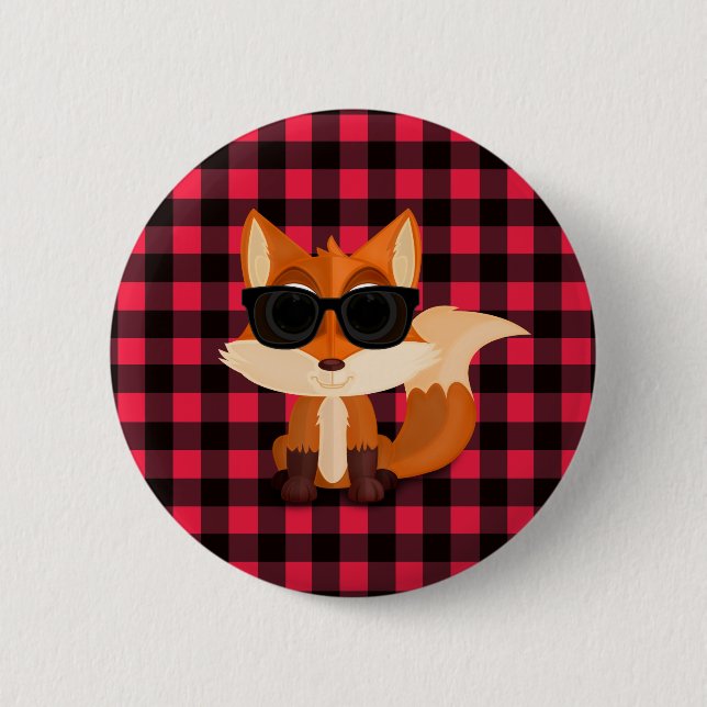 Cute Cool Fox with Sunglasses on Red Gingham 6 Cm Round Badge (Front)