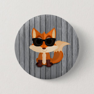 Cute Cool Fox with Sunglasses on Rustic Grey Wood 6 Cm Round Badge