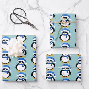 Cute cool penguin Christmas winter pattern blue Wrapping Paper Sheet