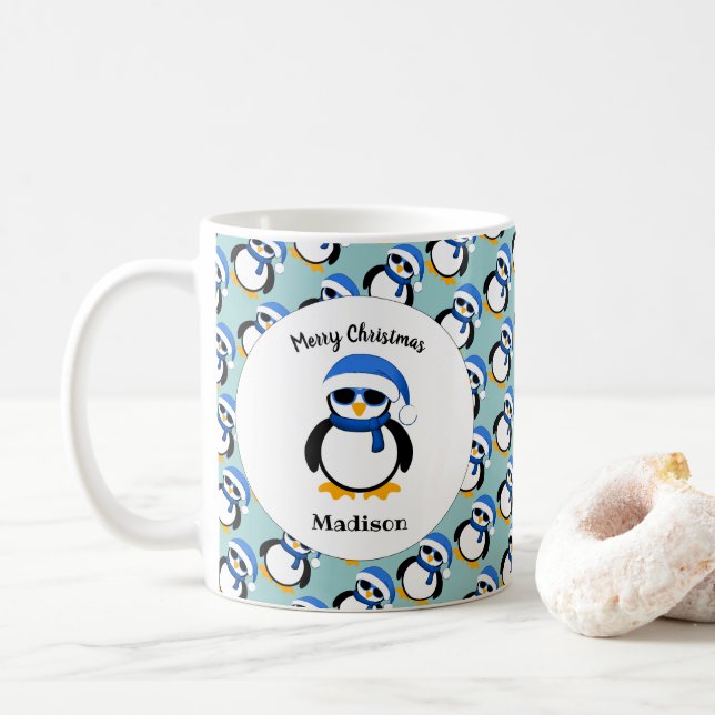 Cute cool penguin Christmas winter Personalise Coffee Mug (With Donut)
