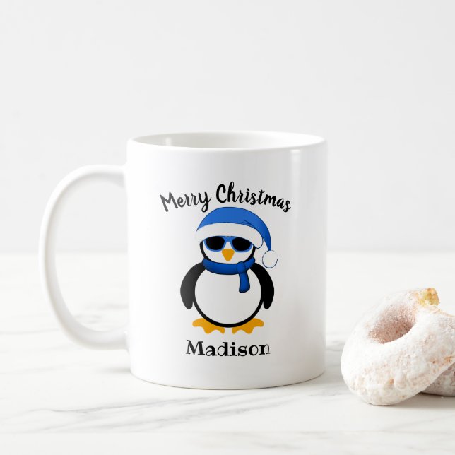 Cute cool penguin Christmas winter Personalized Coffee Mug (With Donut)