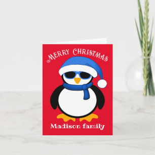 Cute cool penguin Merry Christmas red Holiday Card