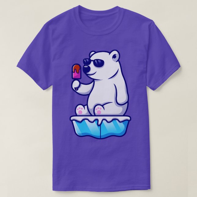 Cute Cool Polar Bear Eating Popsicle On Ice Cartoo T-Shirt (Design Front)