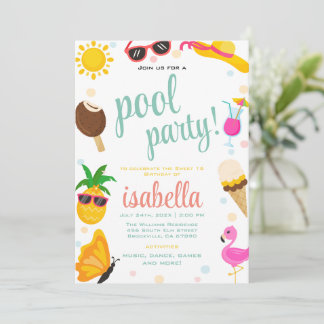 Cute Cool Tropical Pool Party Summer Birthday Invitation