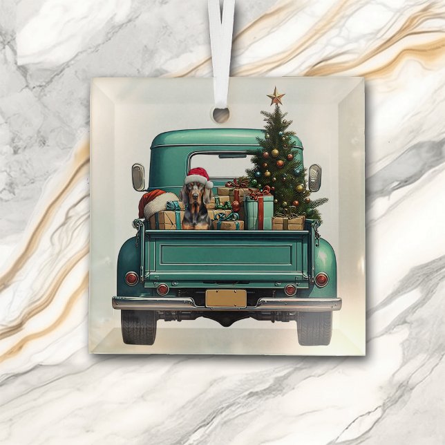 Cute Coonhound Dog Retro Truck Christmas Glass Tree Decoration (Creator Uploaded)