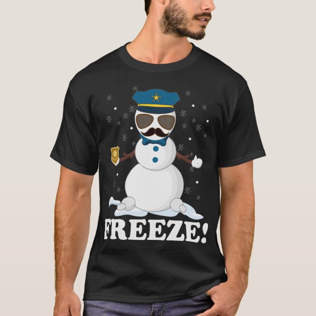 Cute Cop Snowman Freeze Funny Police Christmas Par T-Shirt (Front)