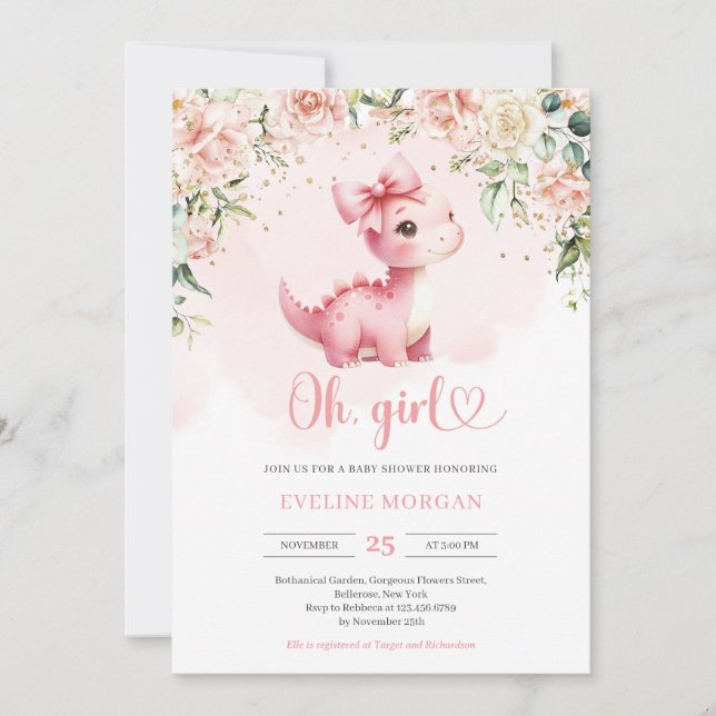 Cute coquette baby dinosaur It's a Girl floral Invitation (Front)