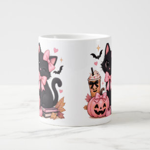 Cute Coquette Black Cat Halloween with Pink Bows Large Coffee Mug