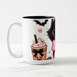 Cute Coquette Black Cat Halloween with Pink Bows Two-Tone Coffee Mug