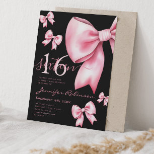 Cute Coquette Blush Pink Bow Sweet 16 Black Invitation