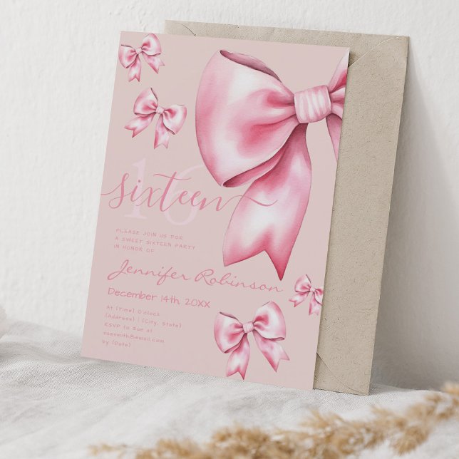 Cute Coquette Blush Pink Bow Sweet 16 Pale Rose Invitation (Cute Coquette Blush Pink Bow Sweet 16 Pale Rose Invitation)