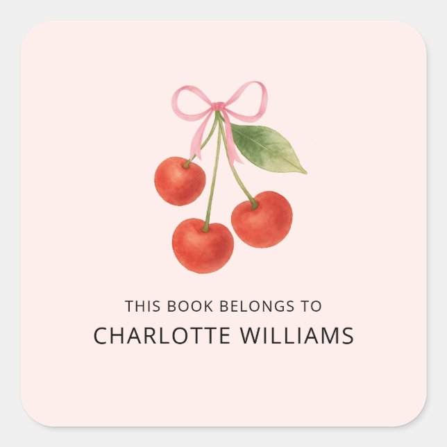 Cute Coquette Bow cherry Back to School Kids Square Sticker (Front)