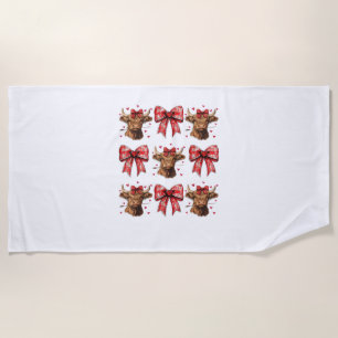 Cute Coquette Bow Heart Highland Cow Western Valen Beach Towel